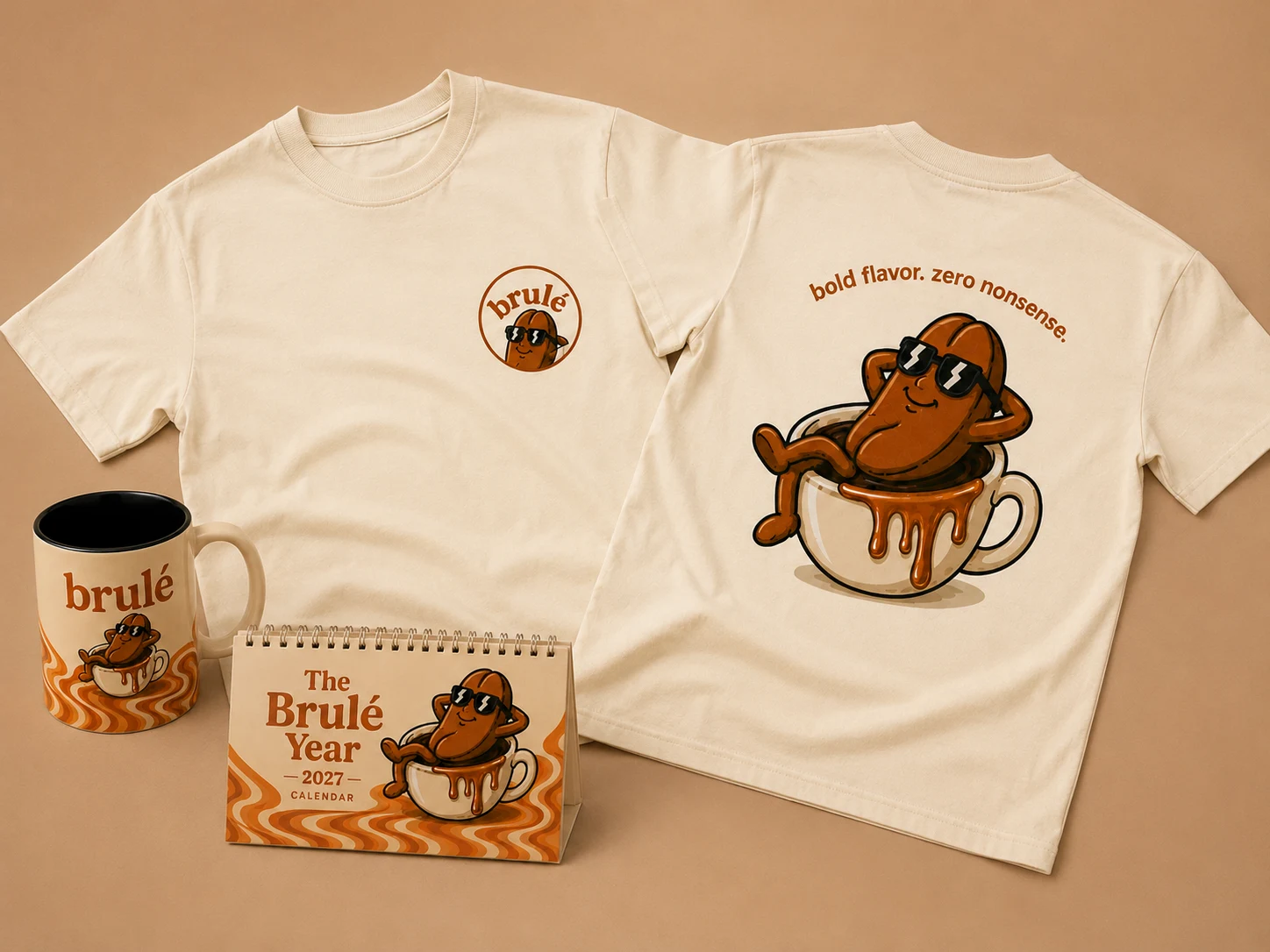 The Brulé Year gift set — calendar, T-shirt and ceramic mug
