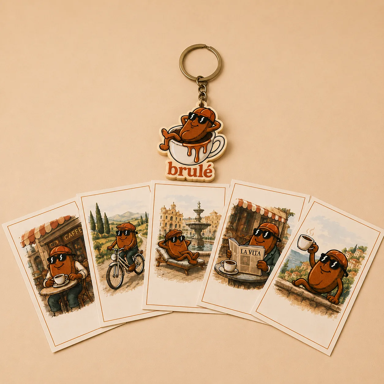 Dolce Vita Kit — Brulé keychain and mascot postcard set